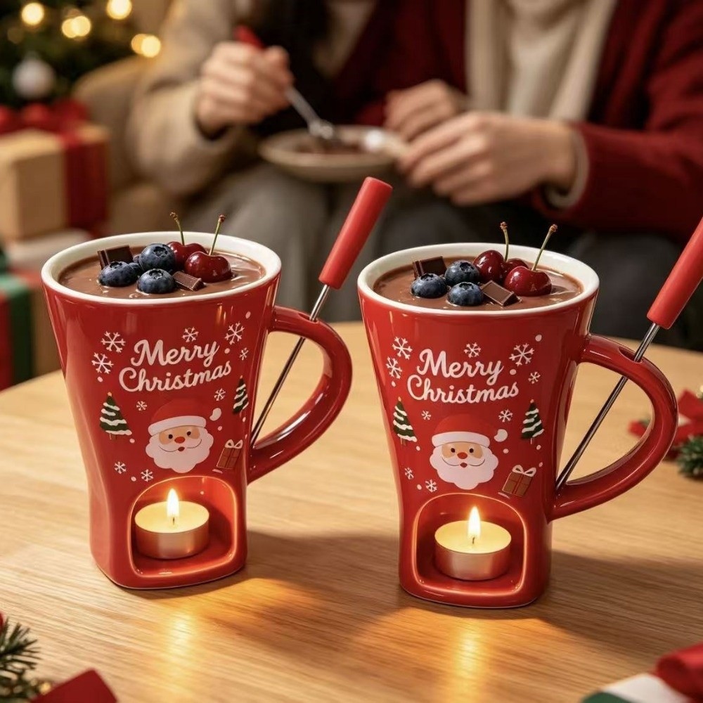 Fondue Pot Ceramic - Keramische chocoladesmeltbeker, hittebestendig, met vork, chocoladefonduebeker,